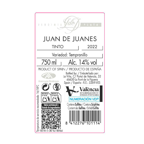 Juan de Juanes Vendimia Plata tempranillo